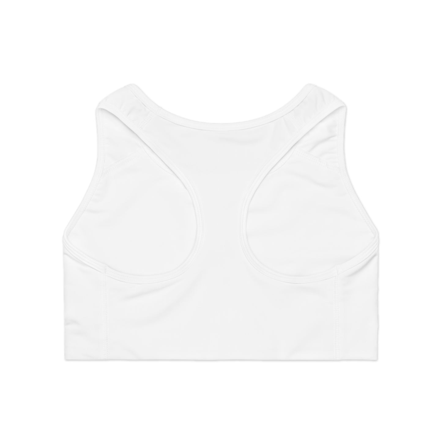 Flat lay rear view of white Soft & Sleek sports bra showing racerback cut and seamless stitching