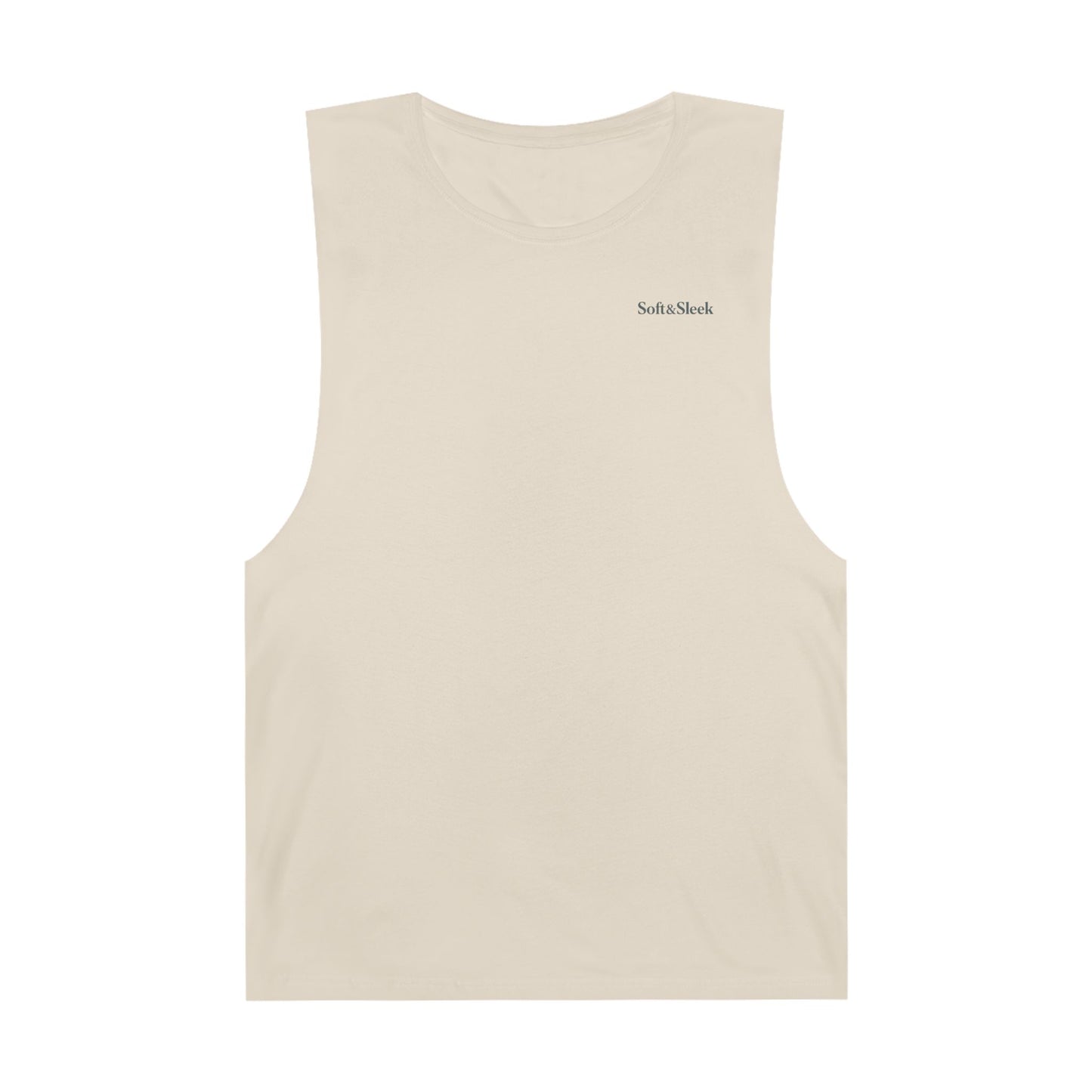 Beige tank top with a brand logo on the back against a white background