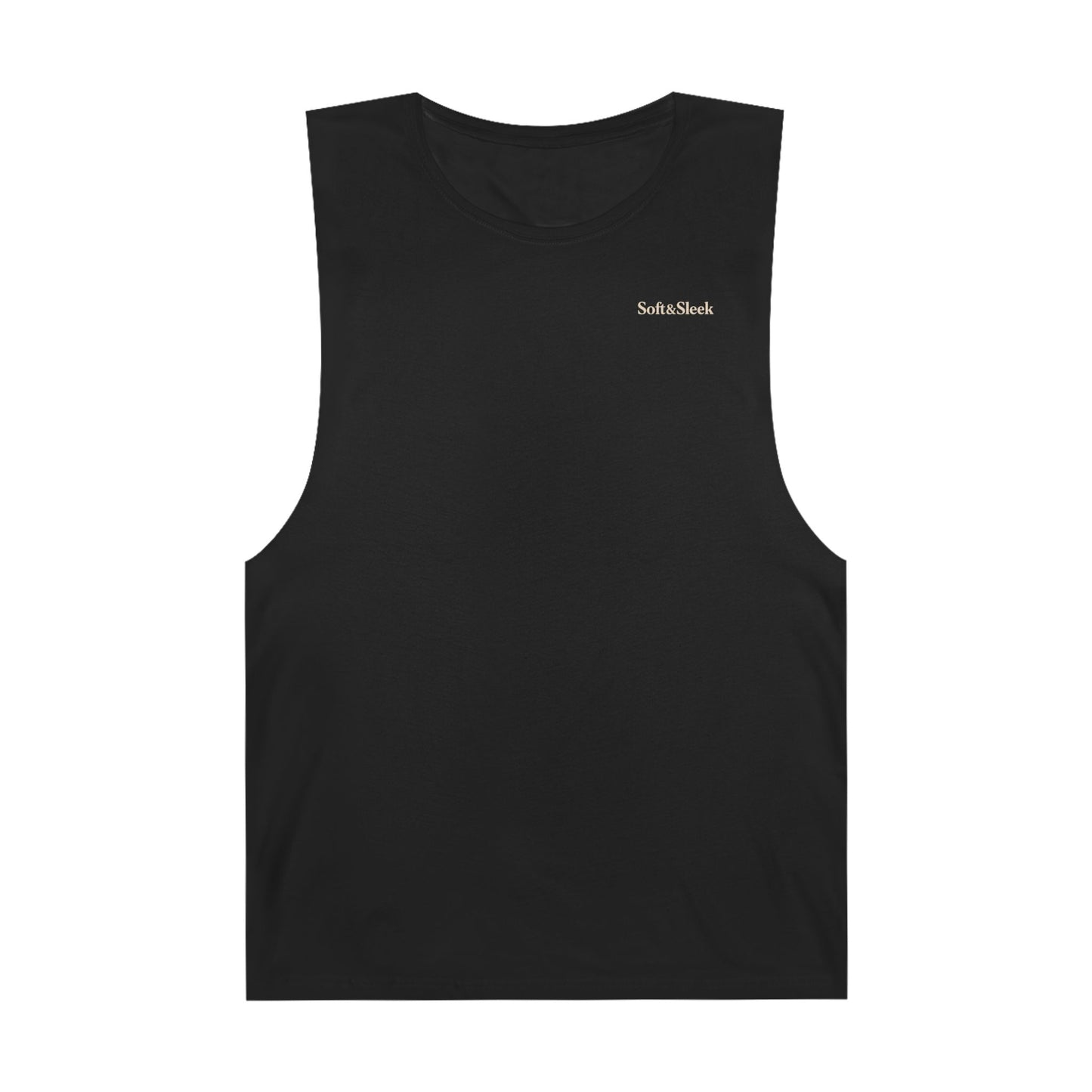 Black sleeveless shirt with a small logo on a white background