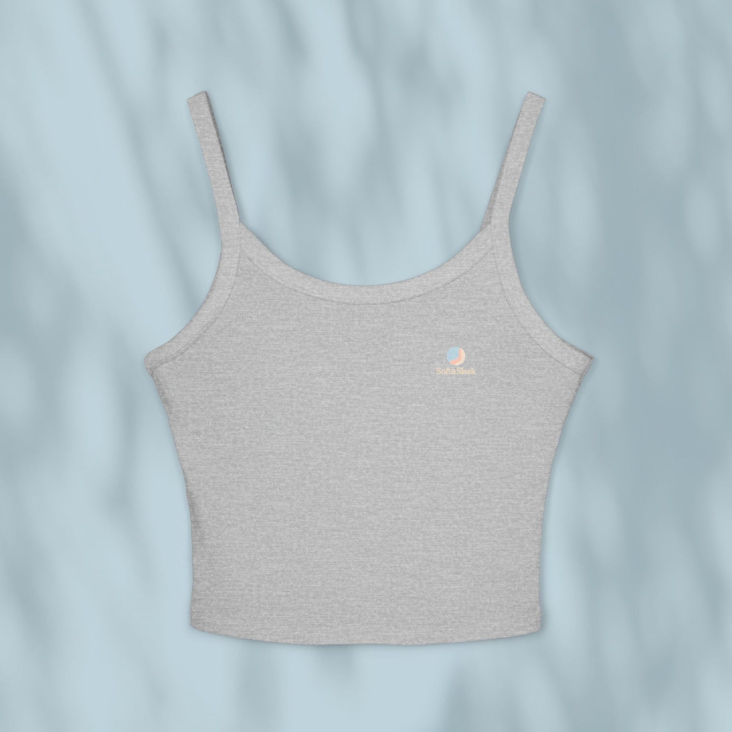 Gray tank top with a brand logo on a light blue background