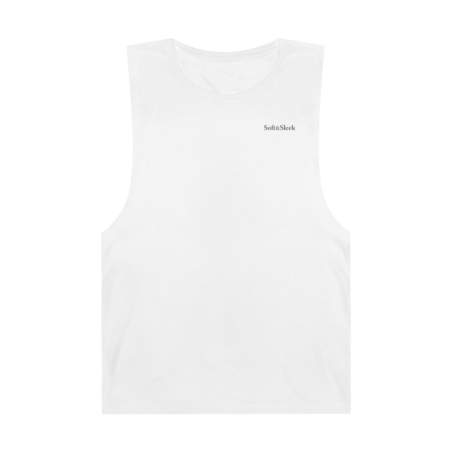 Front-facing flat lay of a white Soft & Sleek sleeveless top with logo detail.