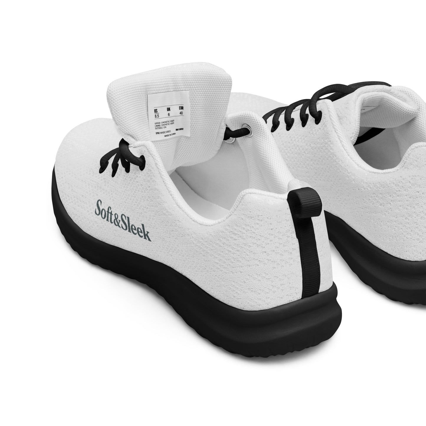 Side profile of a white Soft & Sleek sneaker with black sole, laid next to a flexible version of the same shoe.