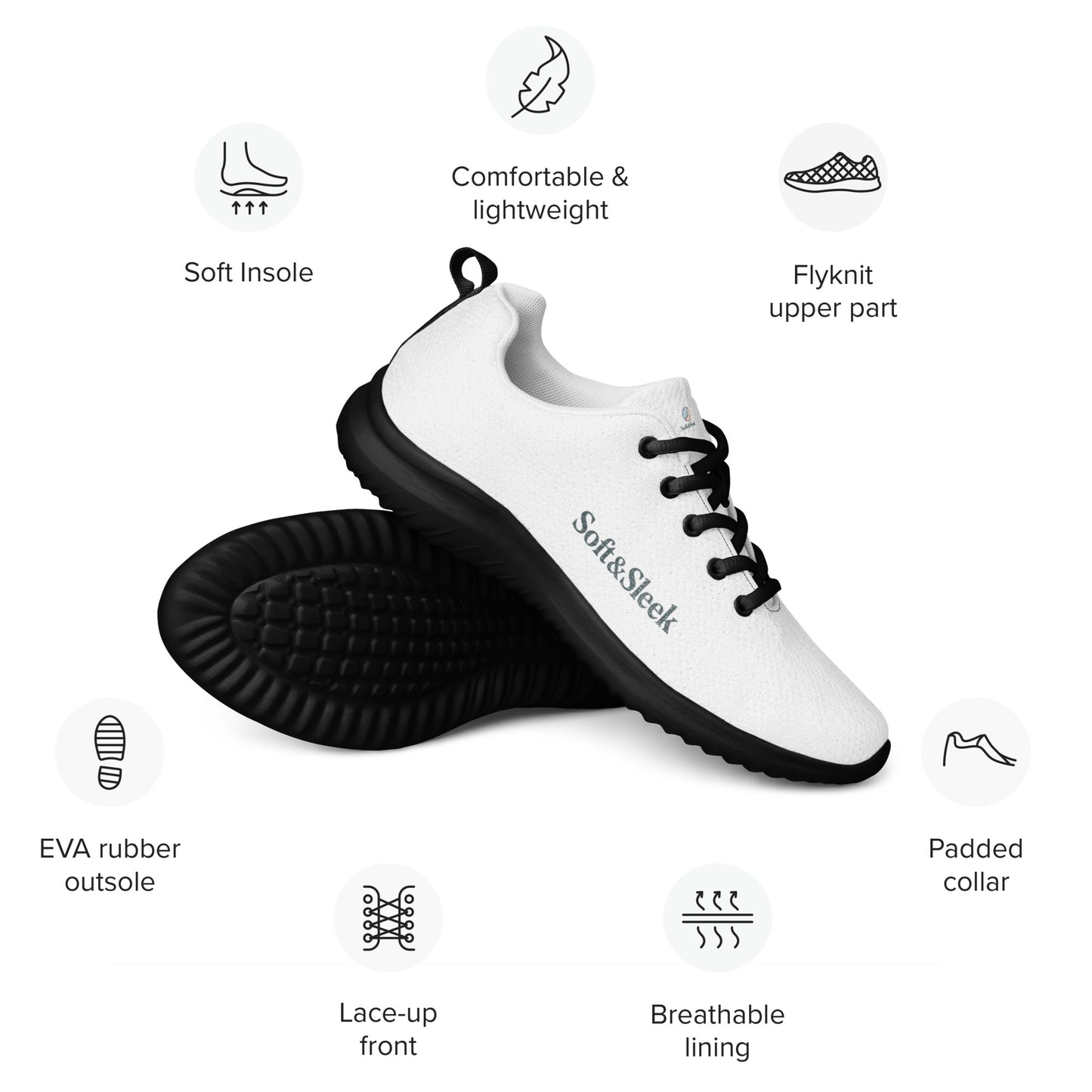 White Soft & Sleek sneaker with black sole shown with text pointing out features like comfort, grip, and lining.