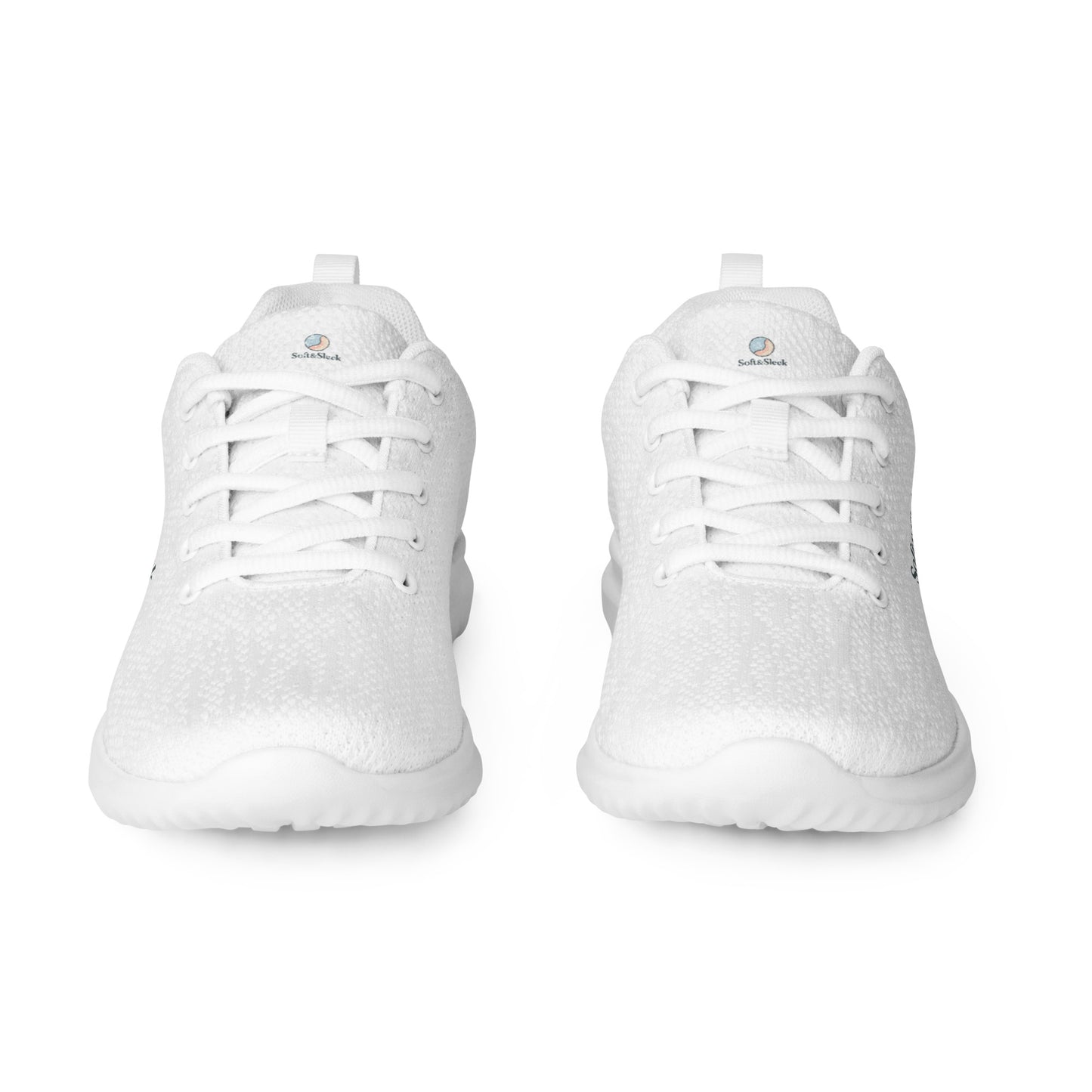 Front-facing view of a white Soft & Sleek sneaker pair showing toes and laces.