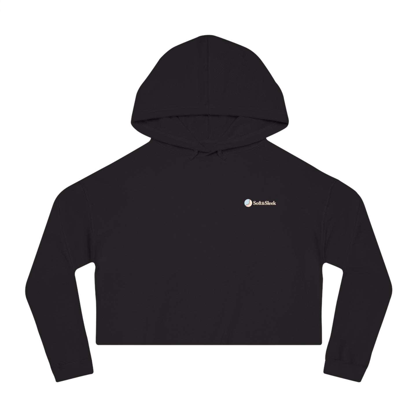 Black cropped hoodie with a small logo on a white background