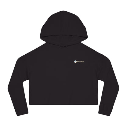 Black cropped hoodie with a small logo on a white background
