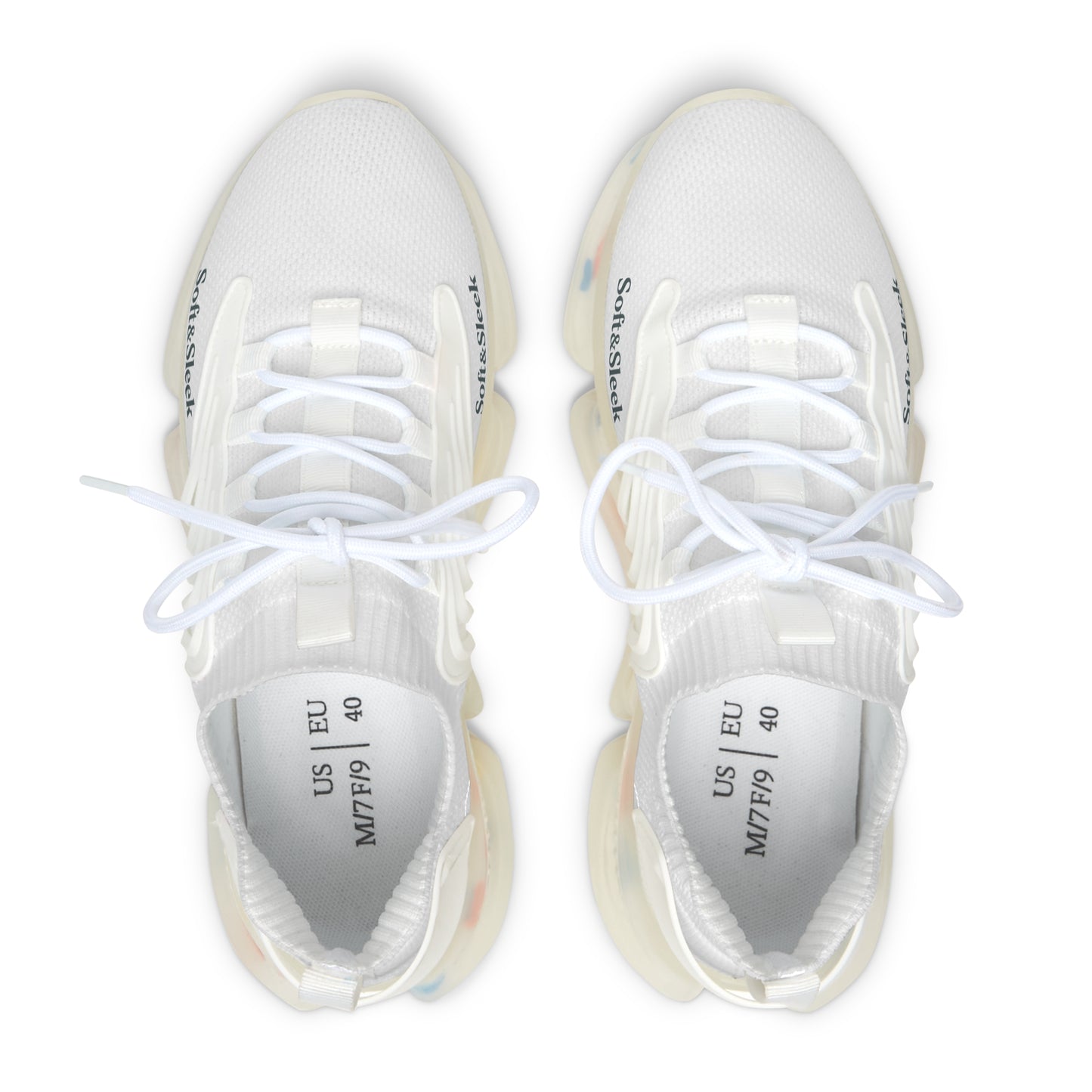 White sneakers with brand labels on a white background