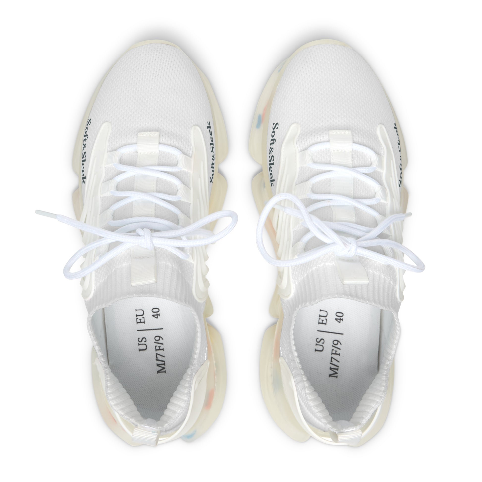 White sneakers with brand labels on a white background