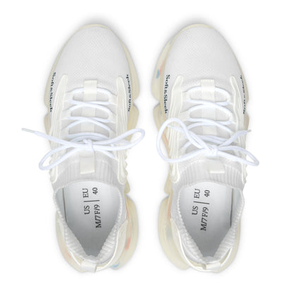 White sneakers with brand labels on a white background