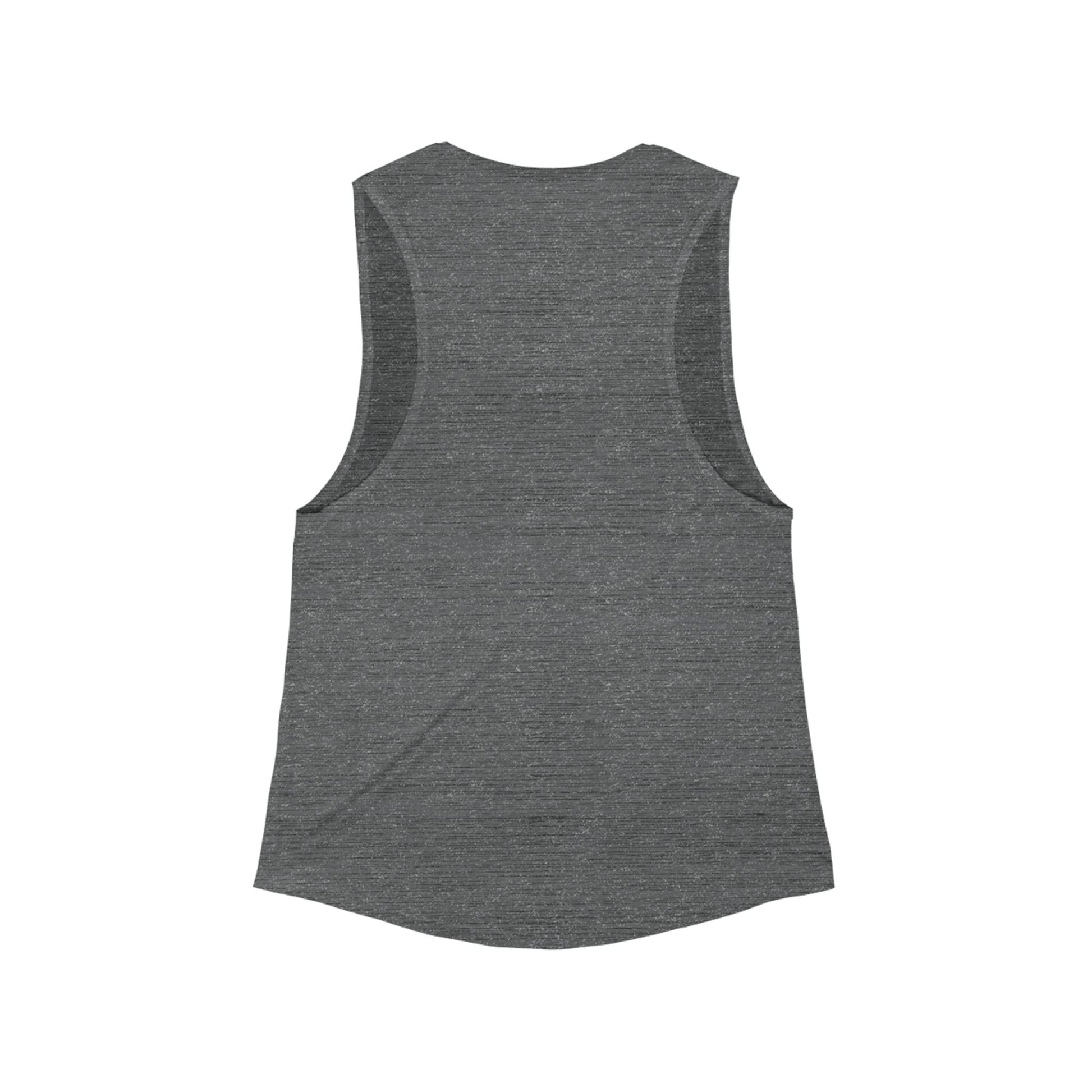 Flat lay rear view of grey Soft & Sleek tank top with scoop hem and racerback style.