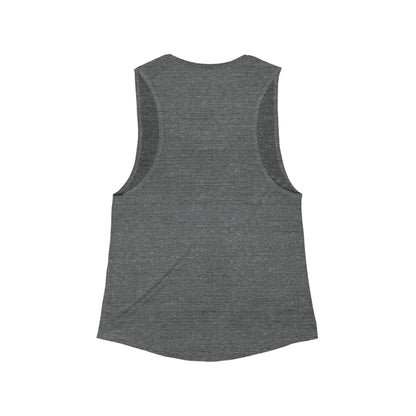 Flat lay rear view of grey Soft & Sleek tank top with scoop hem and racerback style.