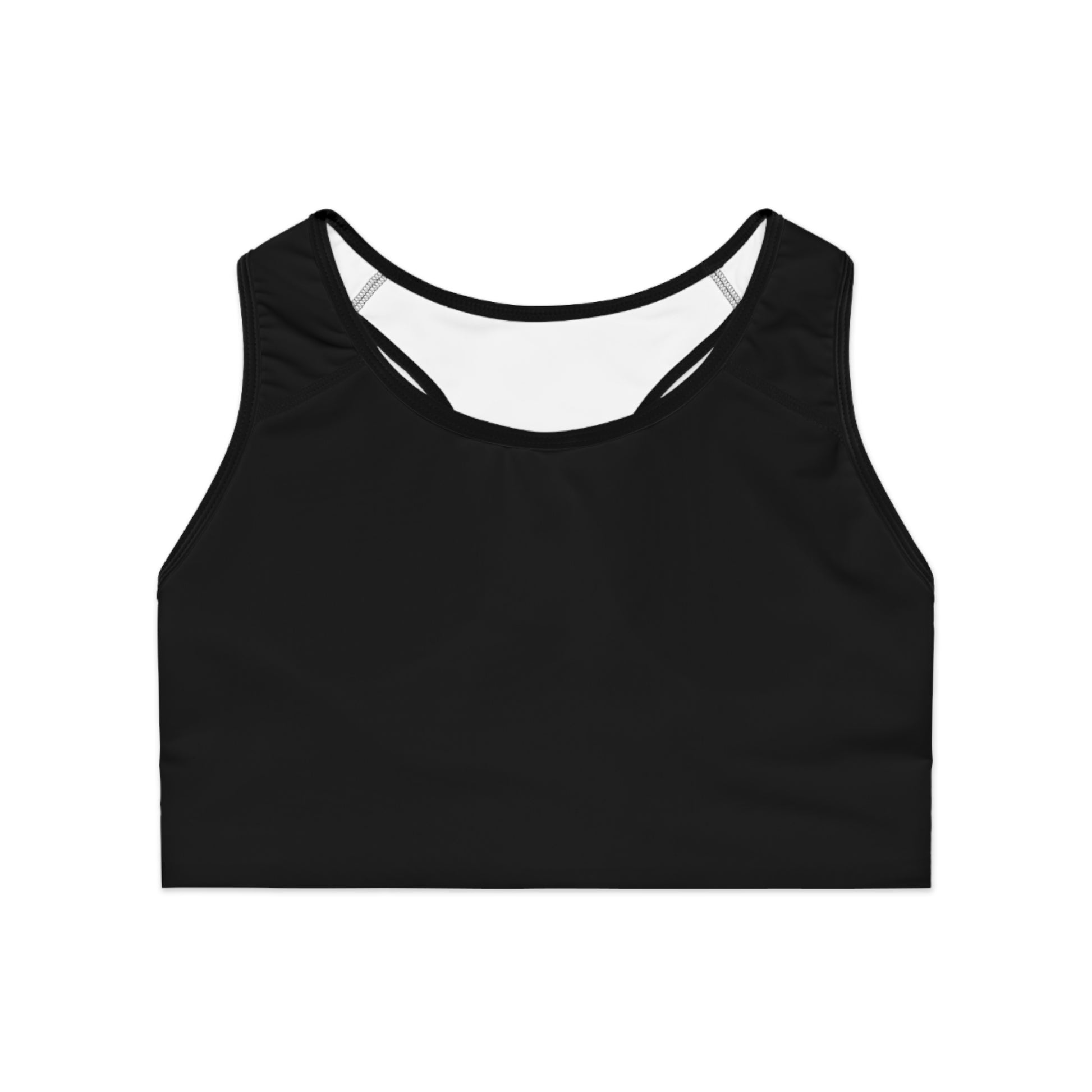 Flat lay front view of black Soft & Sleek sports bra with scoop neckline and wide straps.
