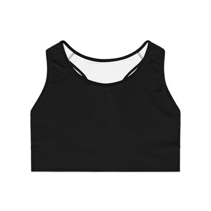 Flat lay front view of black Soft & Sleek sports bra with scoop neckline and wide straps.