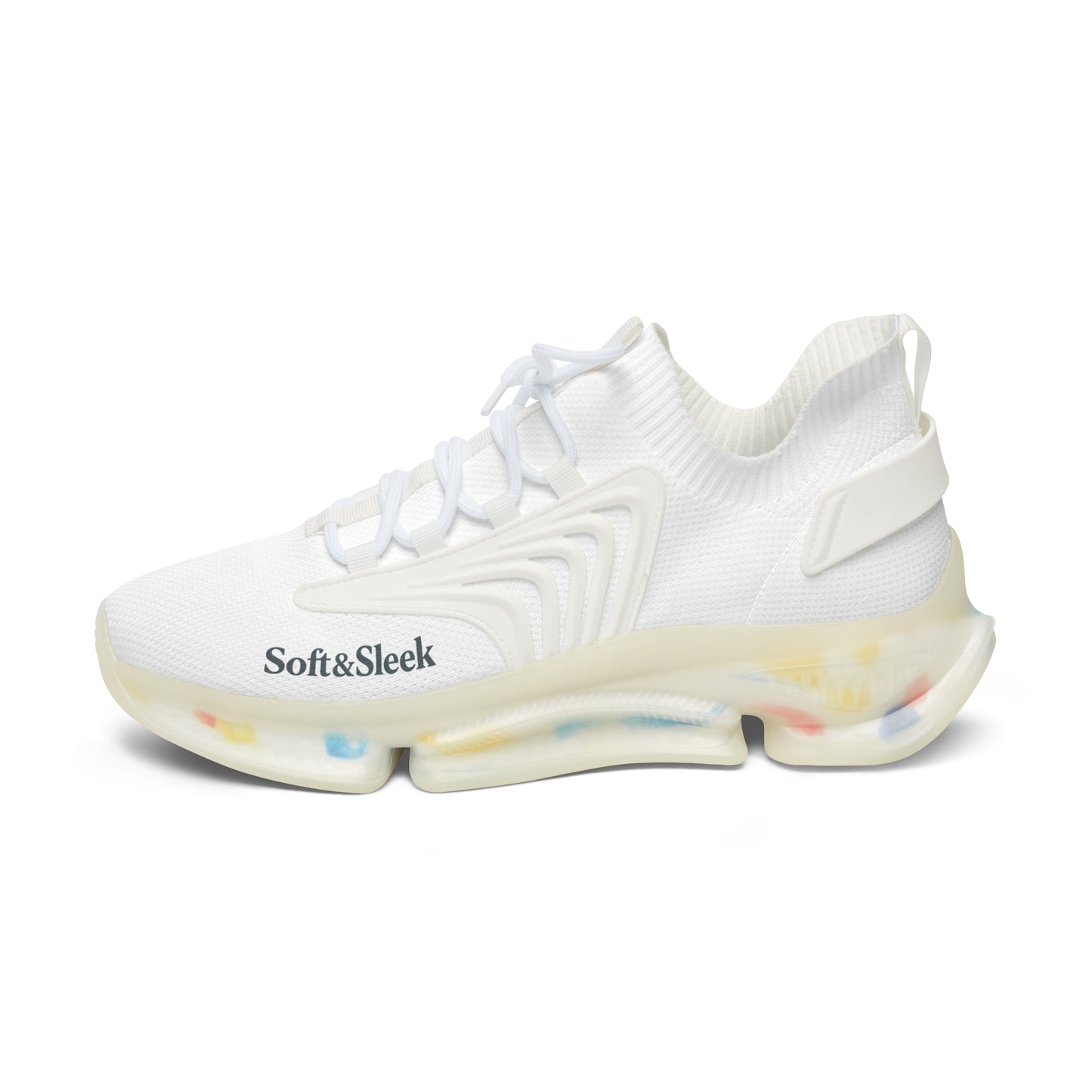 White sneaker with 'Soft & Sleek' text on a white background
