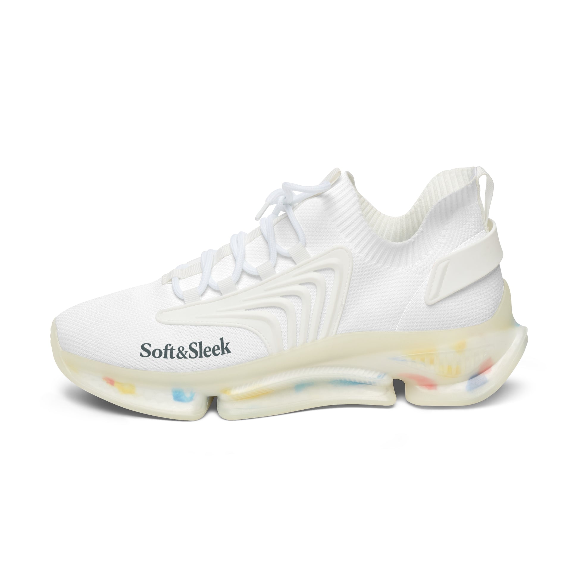 White sneaker with 'Soft & Sleek' text on a white background