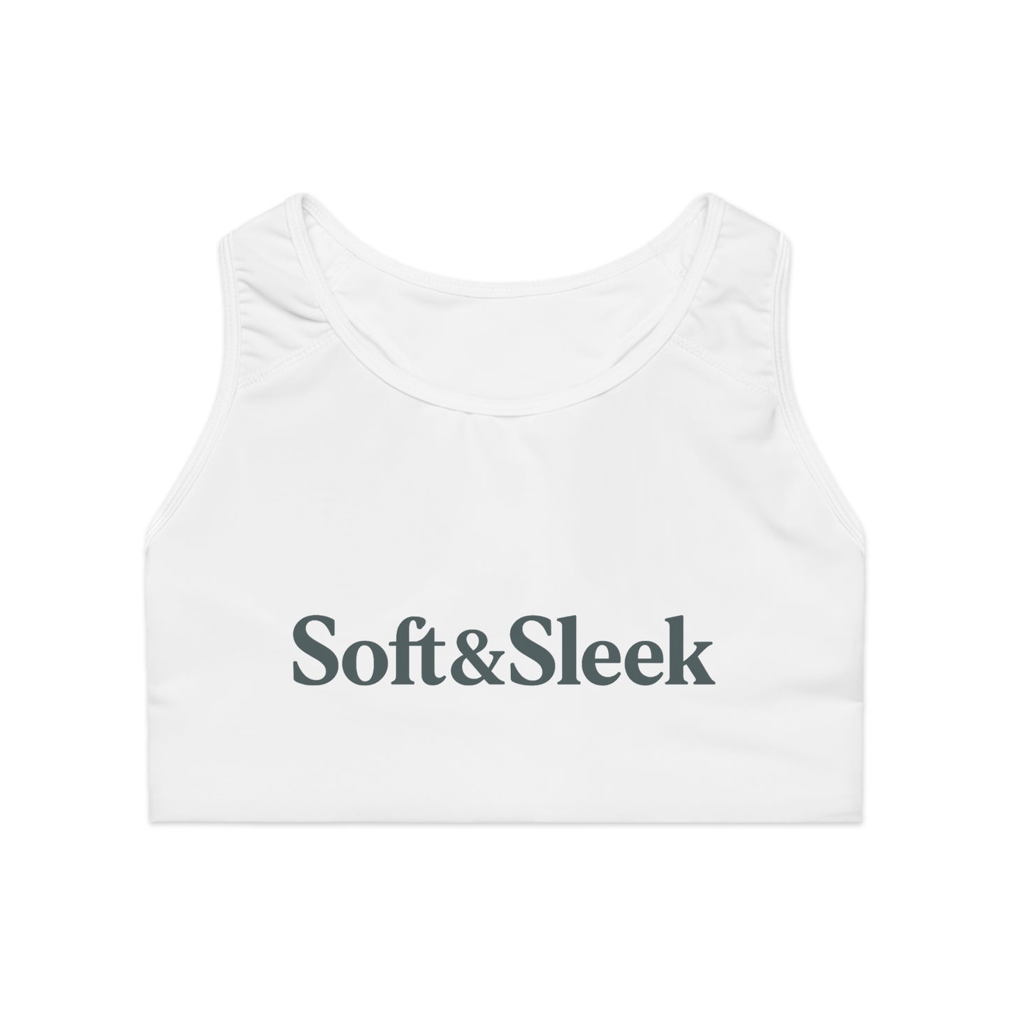 Flat lay front view of white Soft & Sleek sports bra with large printed logo on chest