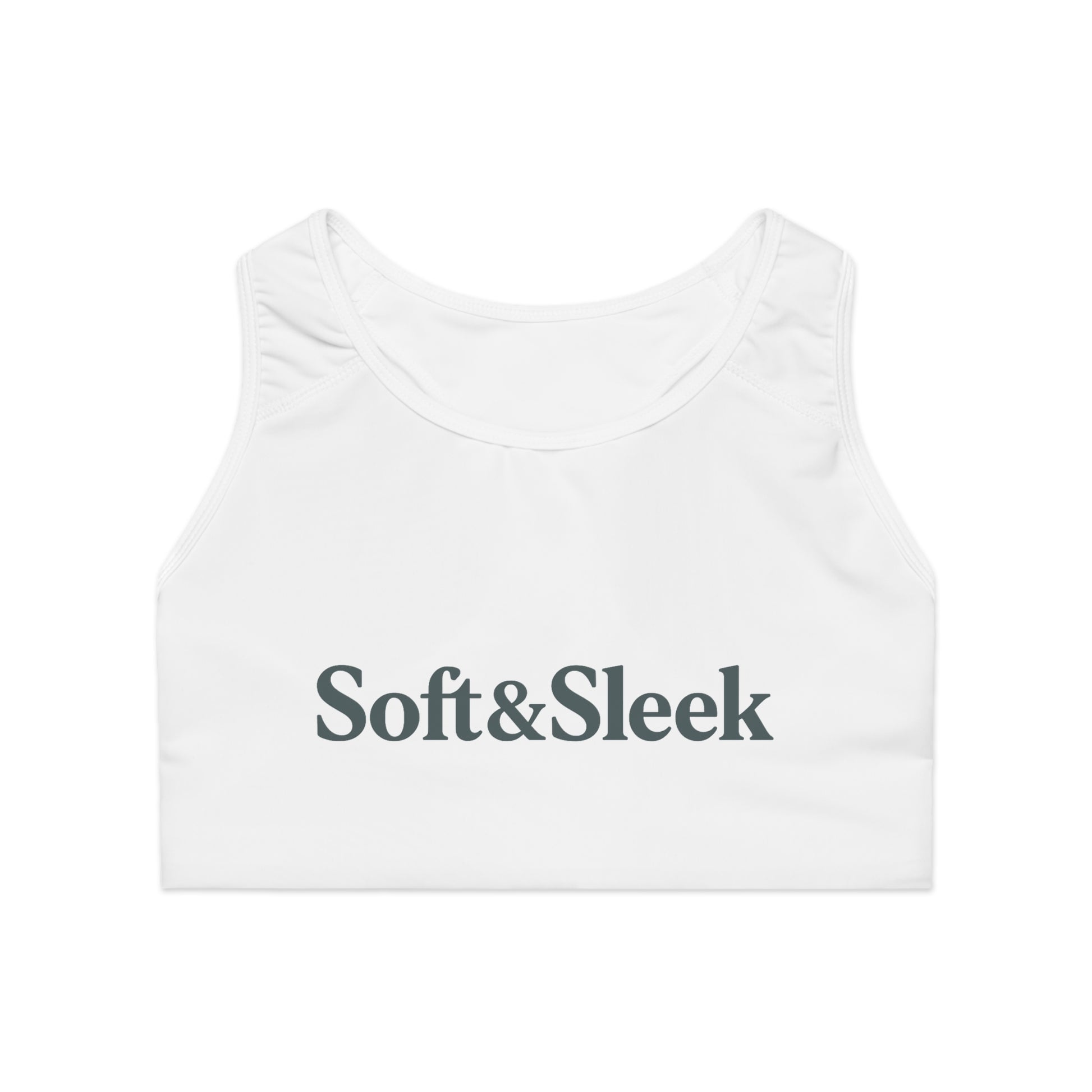 Flat lay front view of white Soft & Sleek sports bra with large printed logo on chest