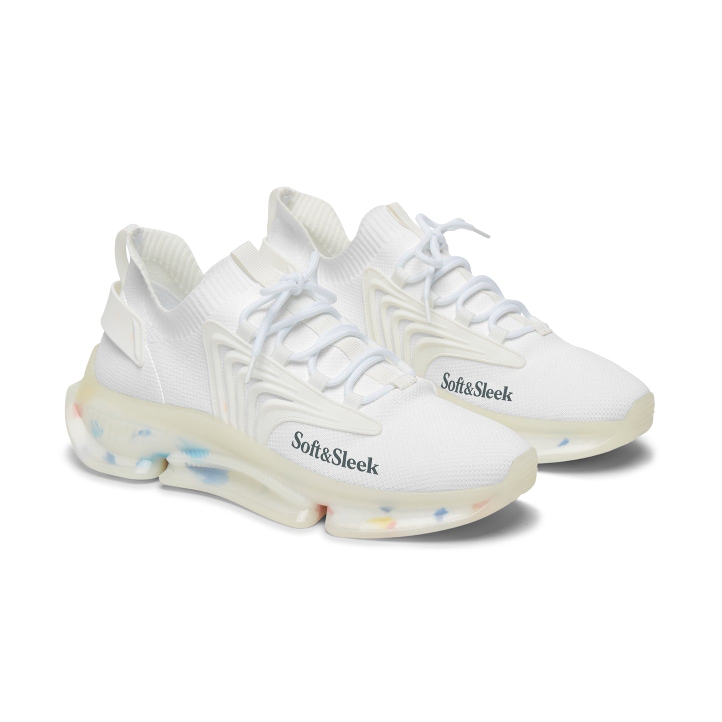 White sneakers with 'Soft & Sleek' text on a white background