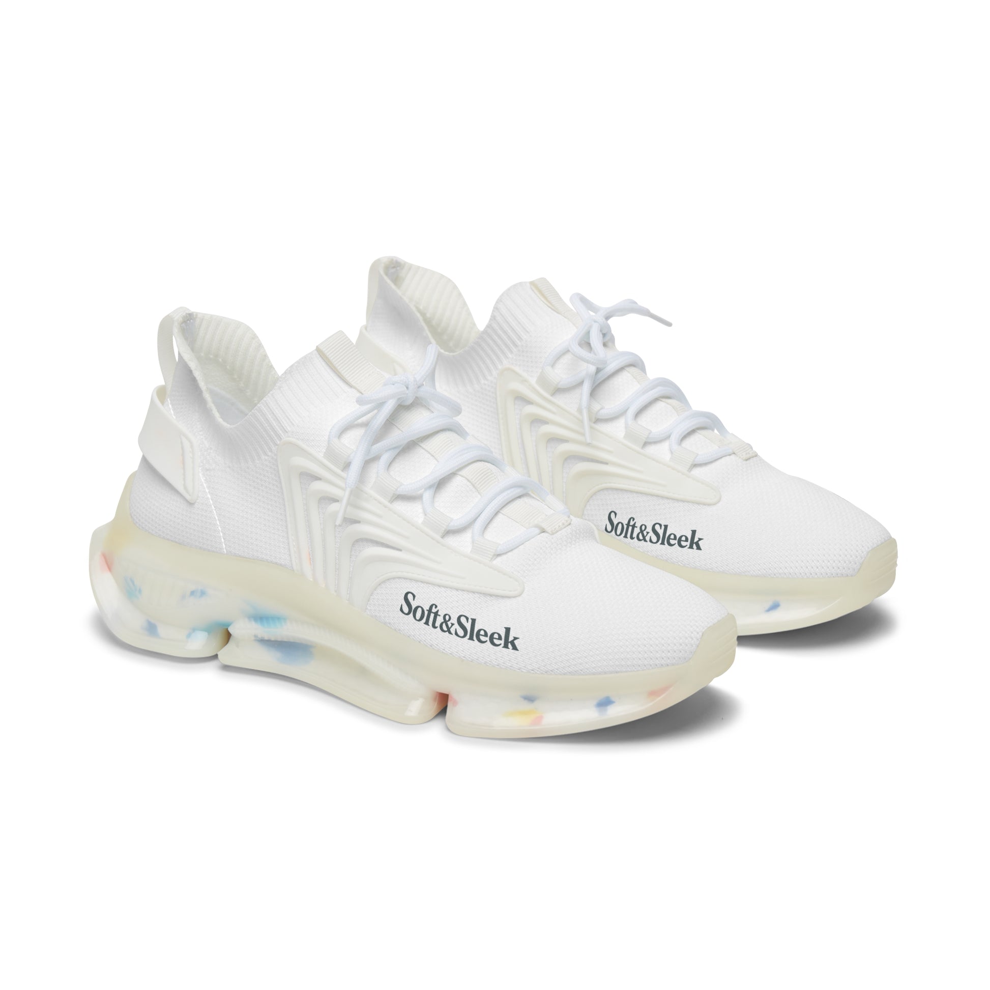 White sneakers with 'Soft & Sleek' text on a white background
