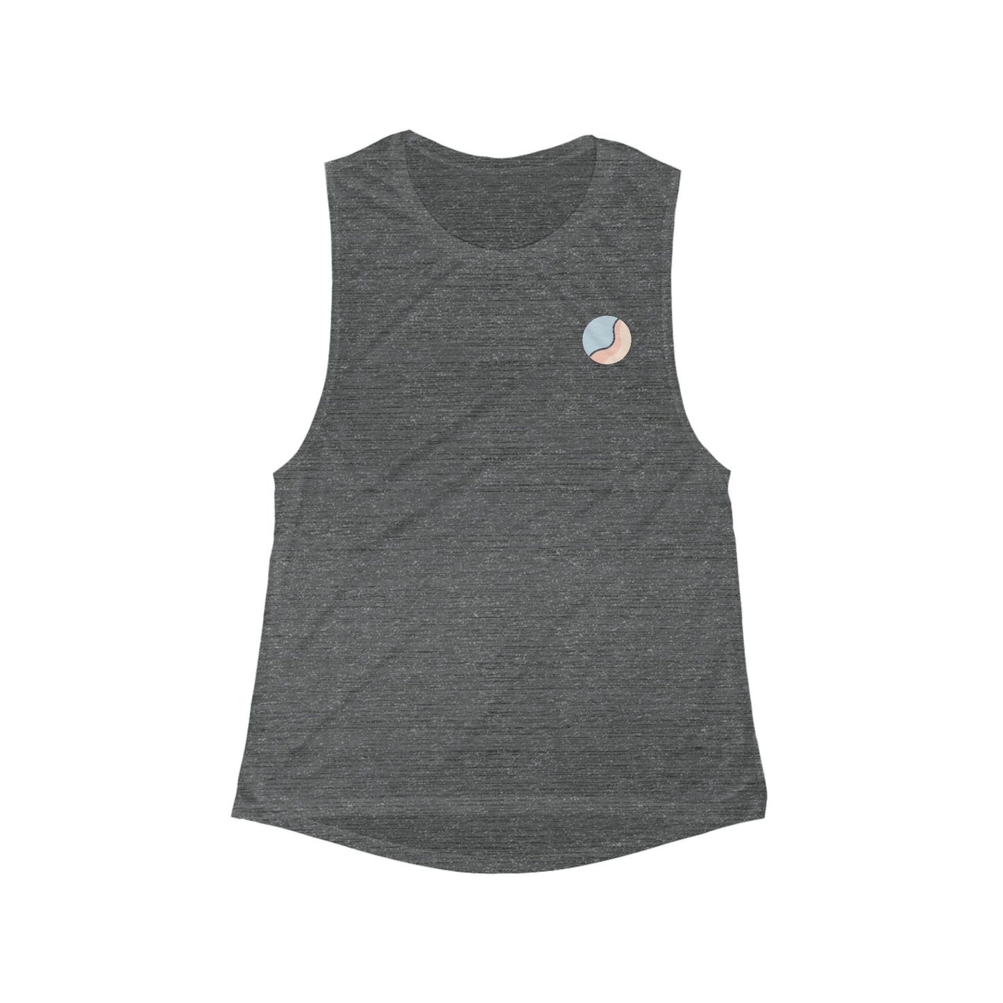 Flat lay front view of grey Soft & Sleek tank top with rounded hem and chest emblem.