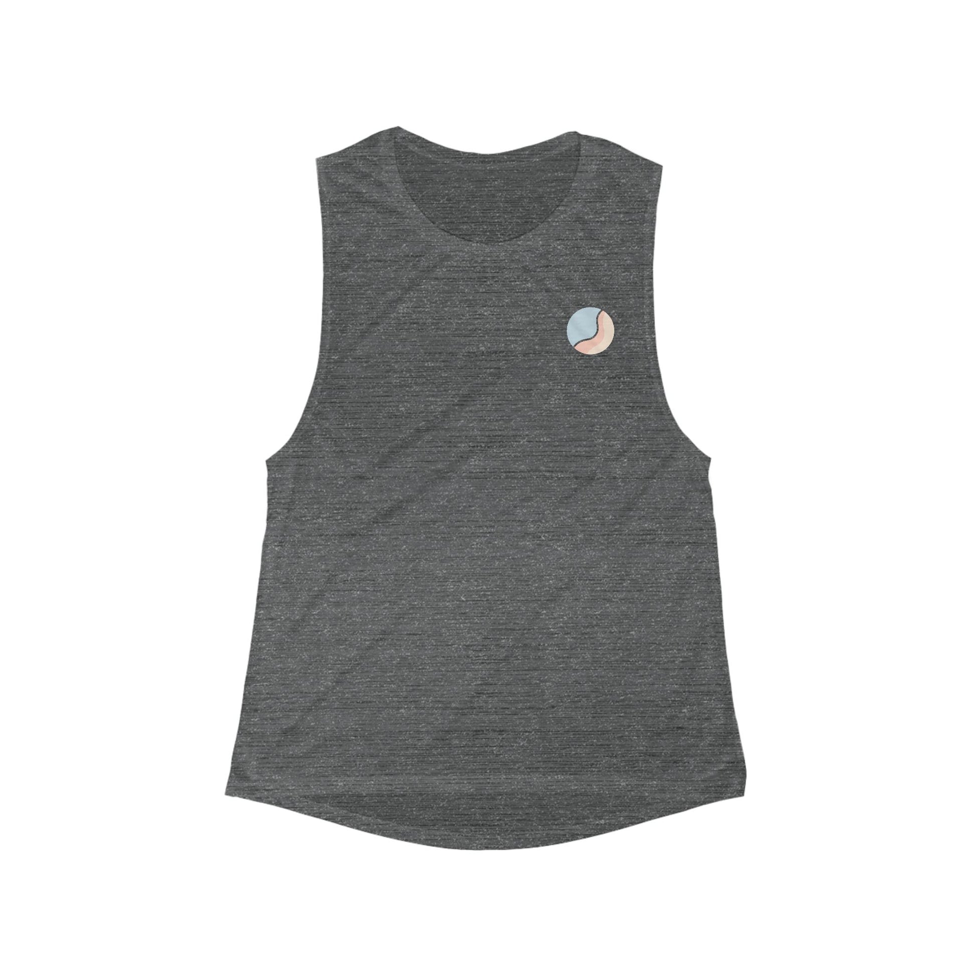 Flat lay front view of grey Soft & Sleek tank top with rounded hem and chest emblem.