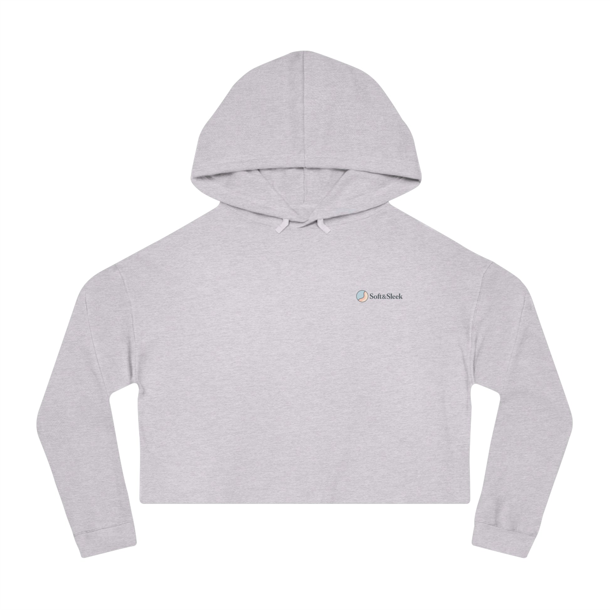 Gray cropped hoodie with brand logo on a white background