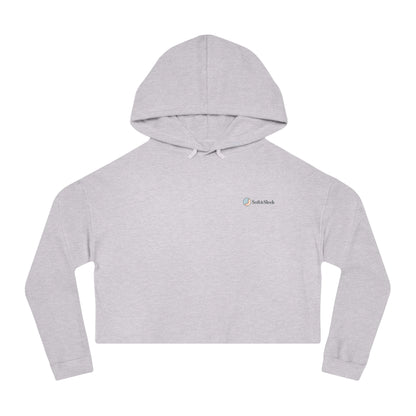 Gray cropped hoodie with brand logo on a white background
