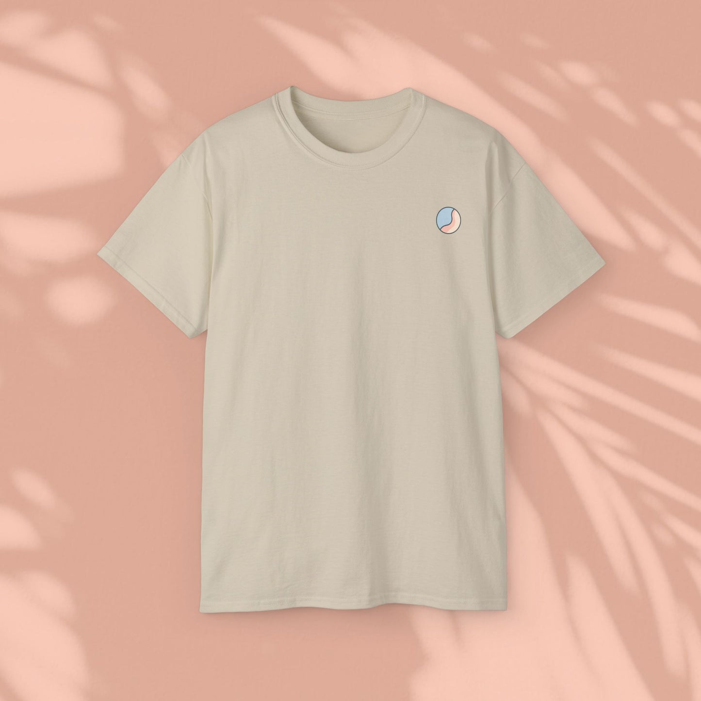 Beige Soft & Sleek t-shirt, plain front, peach background