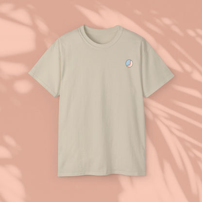 Beige Soft & Sleek t-shirt, plain front, peach background