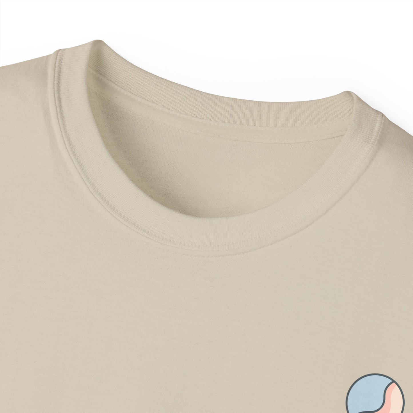 Beige t-shirt neckline close-up with Soft & Sleek emblem