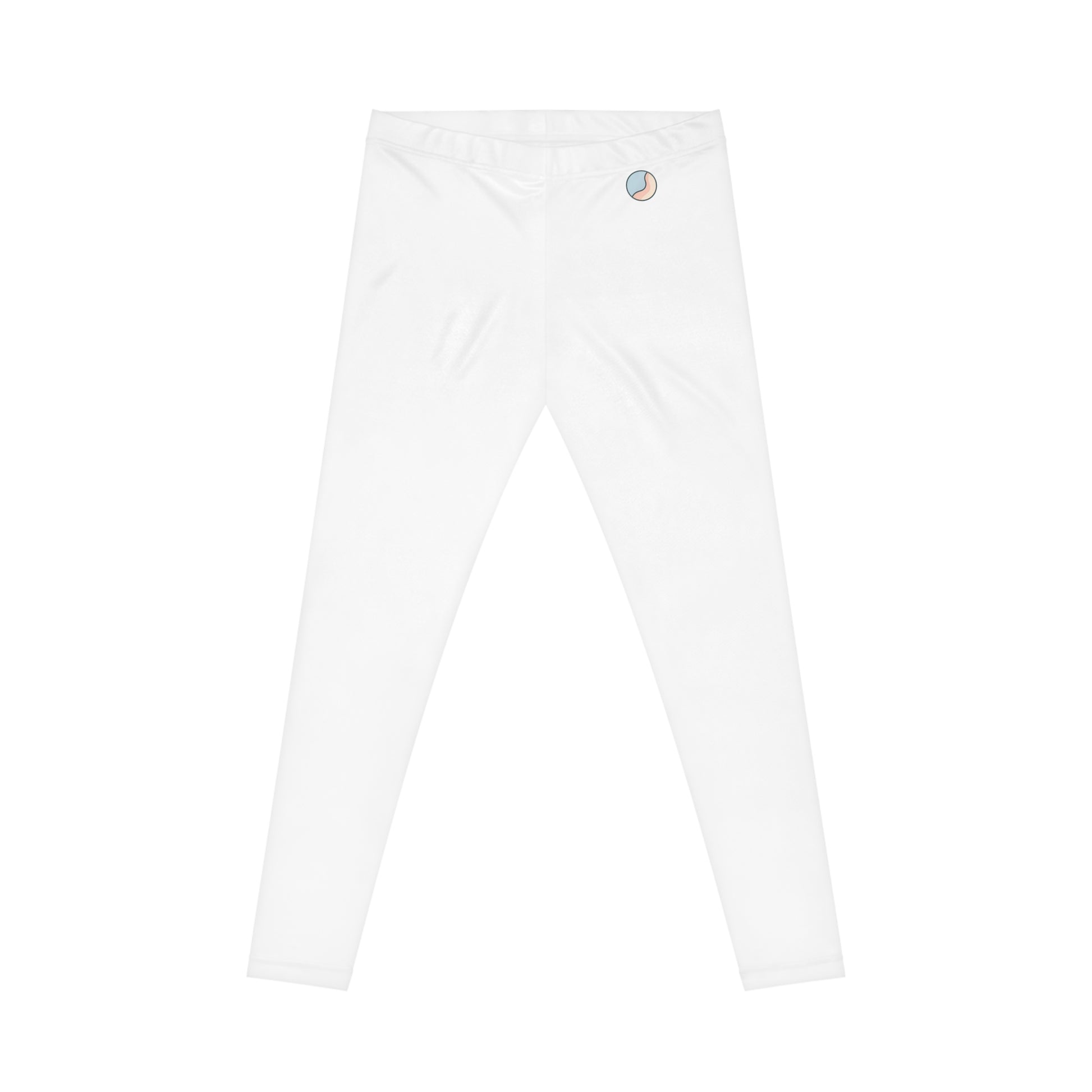 Flat lay rear view of white Soft & Sleek leggings with circular emblem near waistband