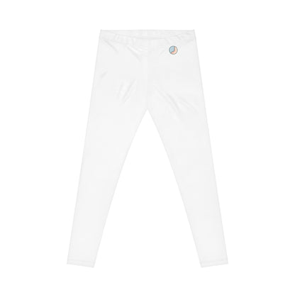 Flat lay rear view of white Soft & Sleek leggings with circular emblem near waistband