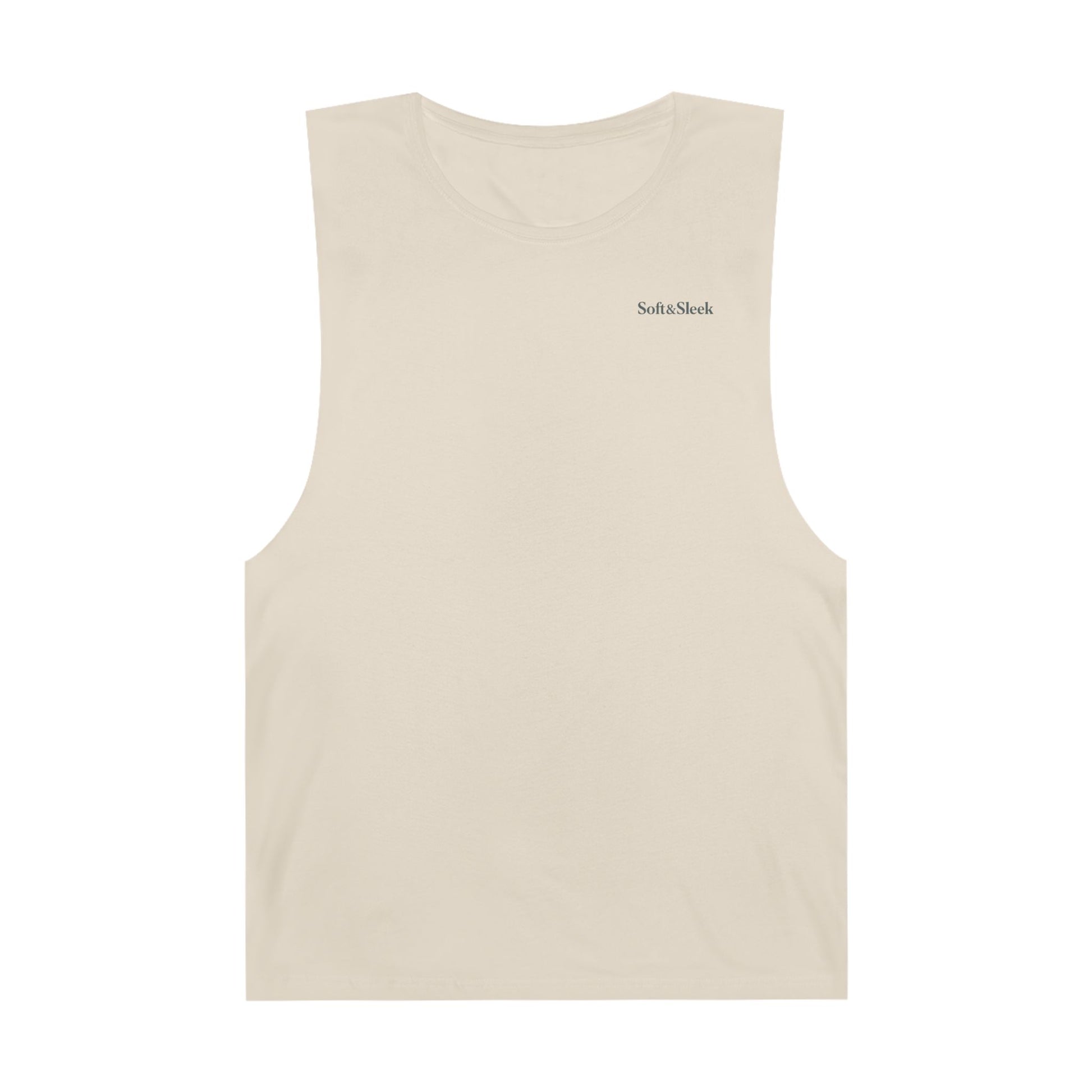 Beige tank top with a brand logo on the back against a white background