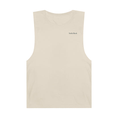 Beige tank top with a brand logo on the back against a white background