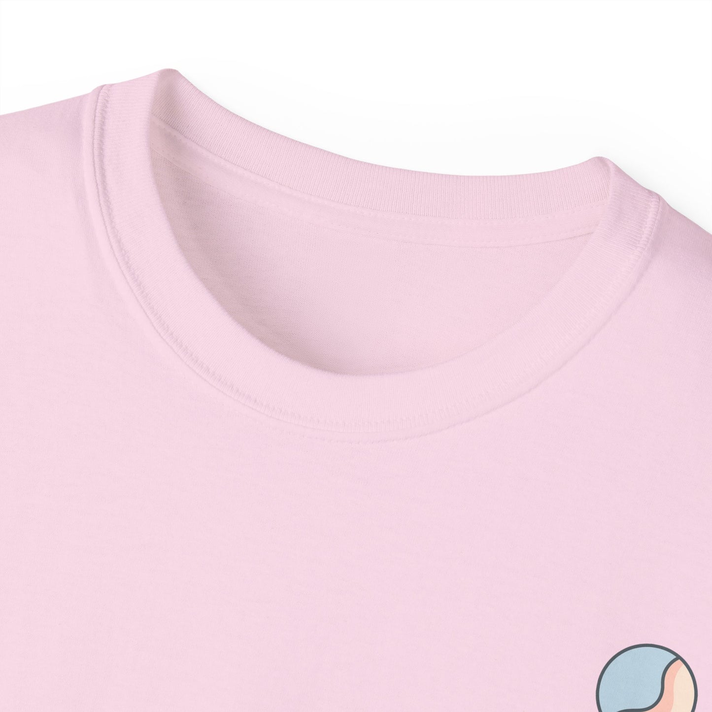 Light pink t-shirt neckline close-up with Soft & Sleek emblem