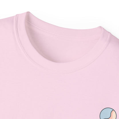 Light pink t-shirt neckline close-up with Soft & Sleek emblem