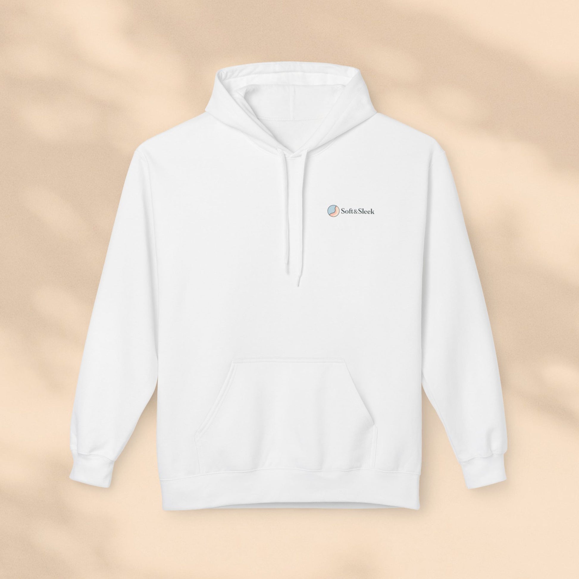 White hoodie with a brand logo on a beige background