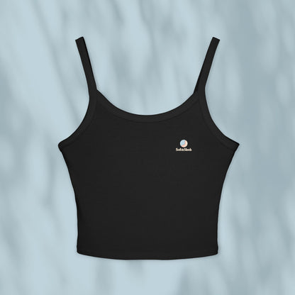 Black tank top with a logo on a light gray background