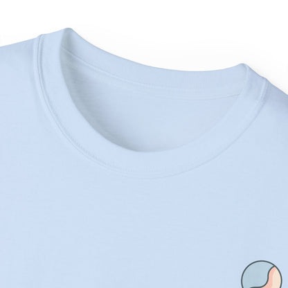 Close-up of a light blue t-shirt with a small logo on the chest.