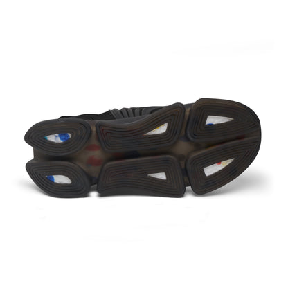 Underside view of black Soft & Sleek trainer showing tread pattern and midsole detail.