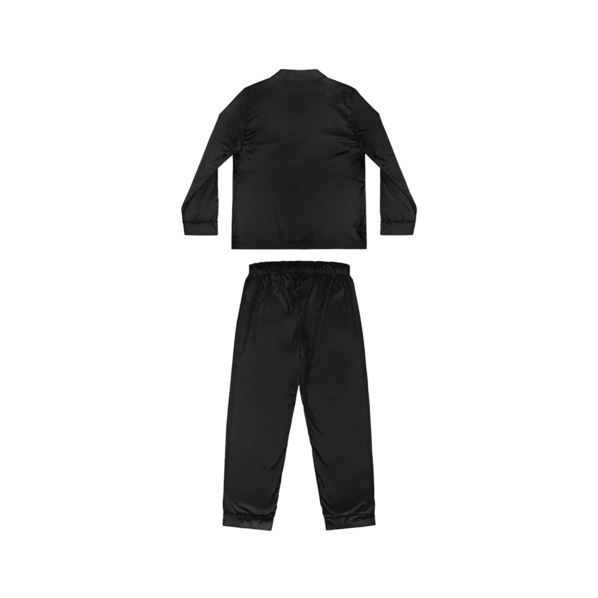 Flat lay of Soft & Sleek black satin pyjama set, back view showing shirt and trouser details.