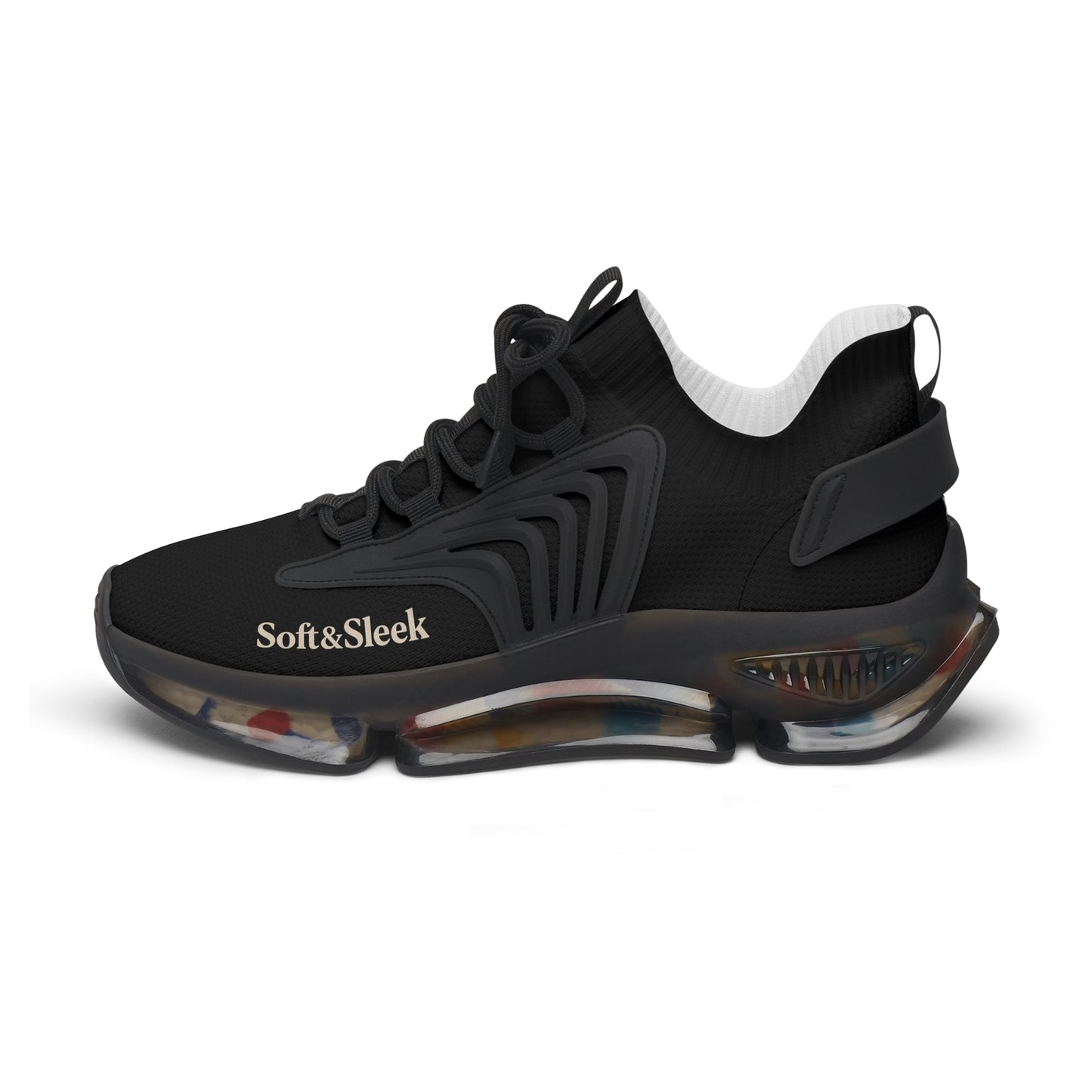 Inner side profile of black Soft & Sleek trainers highlighting logo and sole contour.