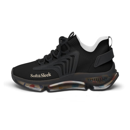 Inner side profile of black Soft & Sleek trainers highlighting logo and sole contour.