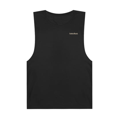 Black sleeveless shirt with a small logo on a white background