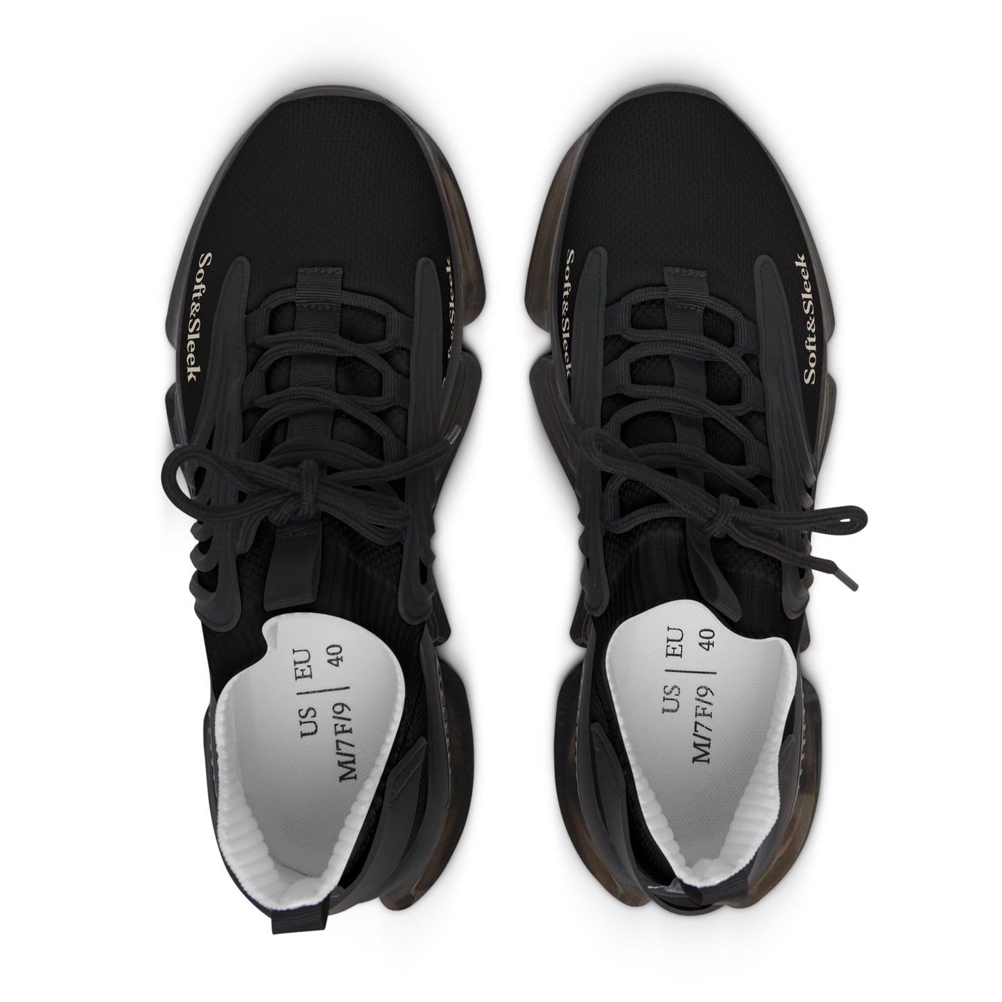 Top-down view of black Soft & Sleek trainers showing laces and branded insoles.