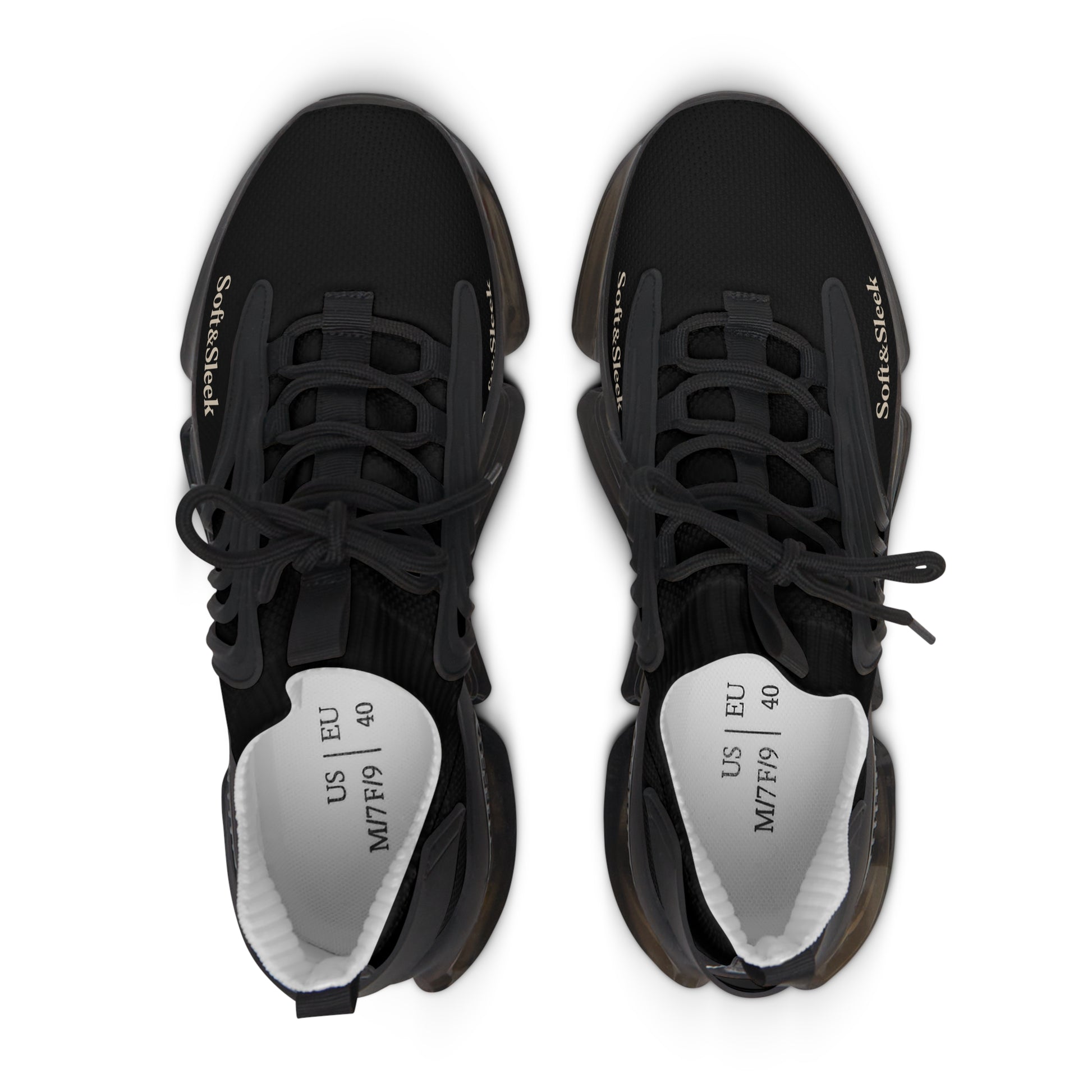 Top-down view of black Soft & Sleek trainers showing laces and branded insoles.