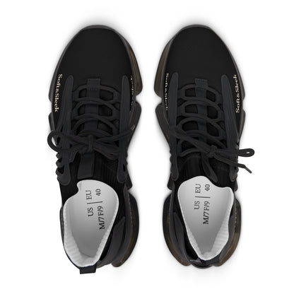 Top-down view of black Soft & Sleek trainers showing laces and branded insoles.