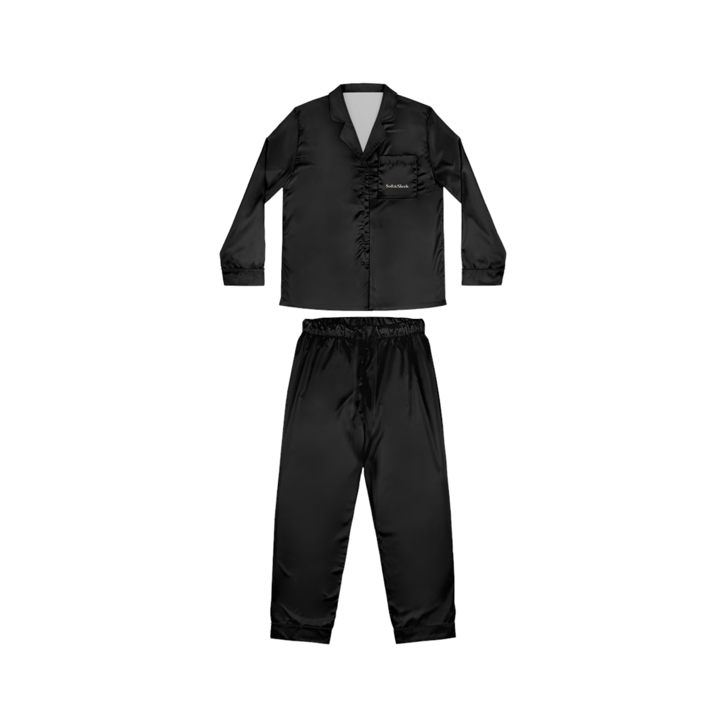 Flat lay of Soft & Sleek black satin pyjama set — button-up shirt and trousers, front view.