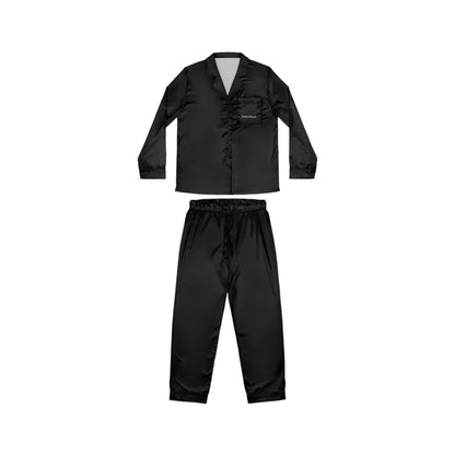 Flat lay of Soft & Sleek black satin pyjama set — button-up shirt and trousers, front view.