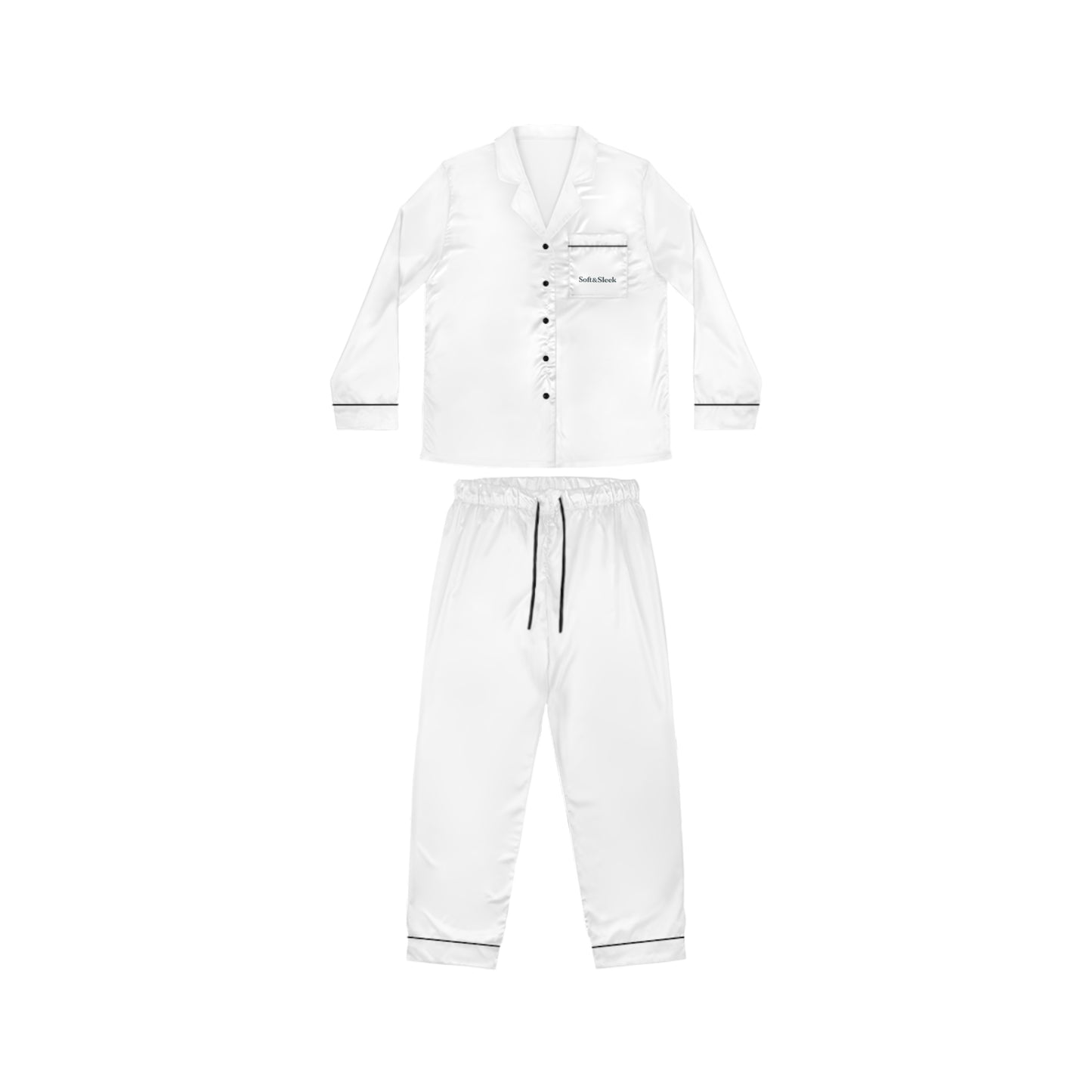 Flat lay front view of Soft & Sleek white satin pyjama set with black piping and button-up shirt.